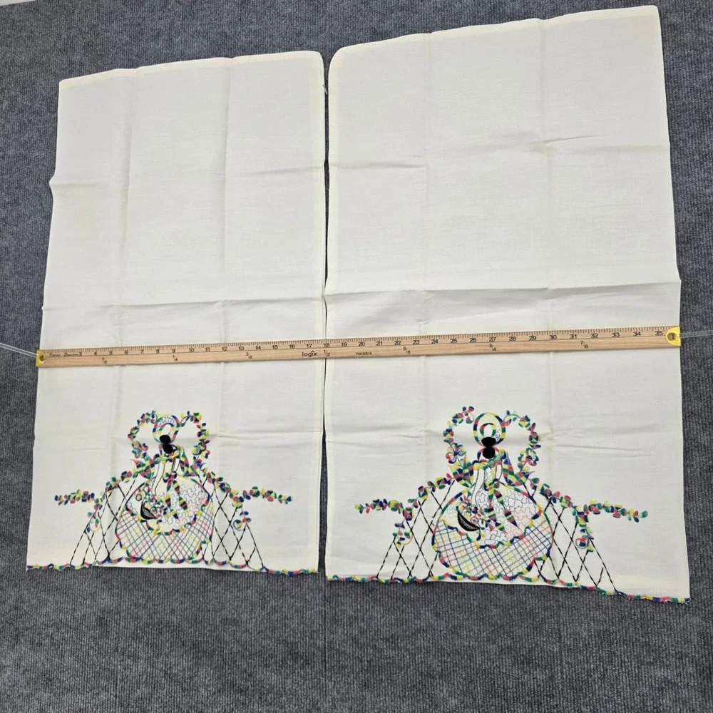 Vintage Hand Embroidered Crinoline Lady Pillowcase Pair White Southern Belle
